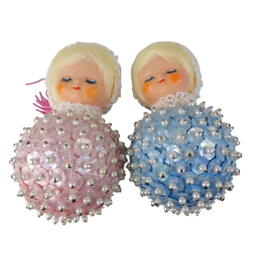 Vintage Handmade Push-Pin Ornaments Sequin Pink Blue Blonde Dolls Kitsch 1960's